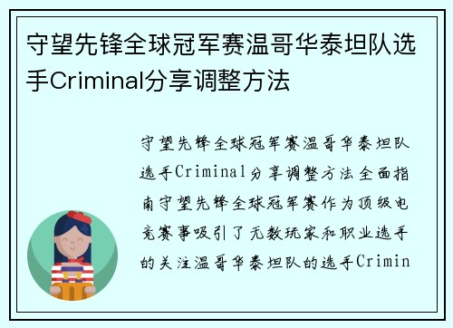 守望先锋全球冠军赛温哥华泰坦队选手Criminal分享调整方法