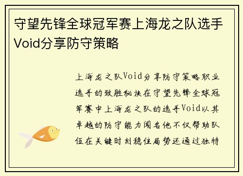 守望先锋全球冠军赛上海龙之队选手Void分享防守策略