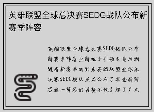 英雄联盟全球总决赛SEDG战队公布新赛季阵容