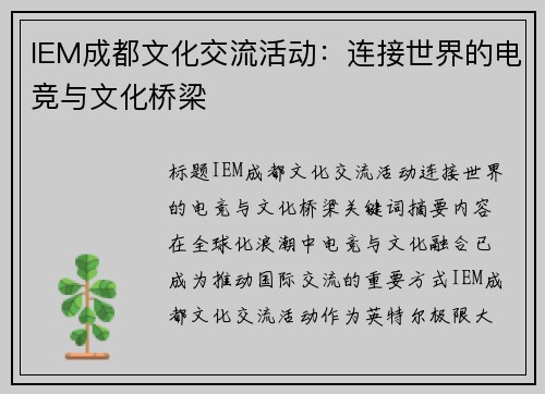 IEM成都文化交流活动：连接世界的电竞与文化桥梁